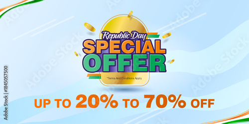 Attractive Republic Day special offer vector design showing up to 20% to 70% discount. Modern blue background with golden coin elements and tricolor accents. Ideal for Republic Day promotions.