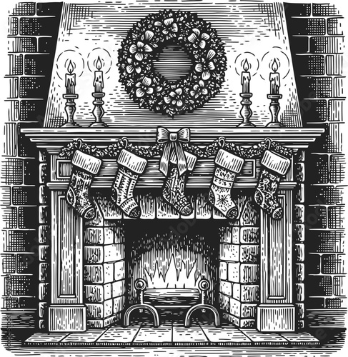 Christmas Fireplace Engraving Illustration – Festive Holiday Mantel with Stockings Vintage Line Art