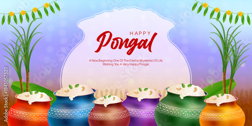 Beautiful Happy Pongal greeting vector featuring traditional Pongal pots, sugarcane and festive decorations. Soft gradient background with warm colors, ideal for Pongal wishes.