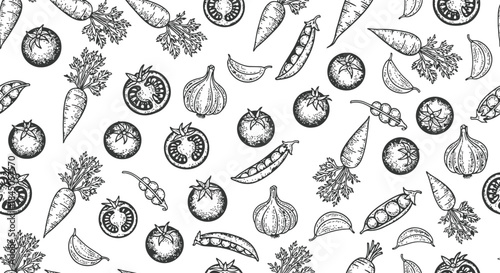 Vegetable Pattern Engraving Illustration – Fresh Produce Botanical Seamless Vintage Line Art