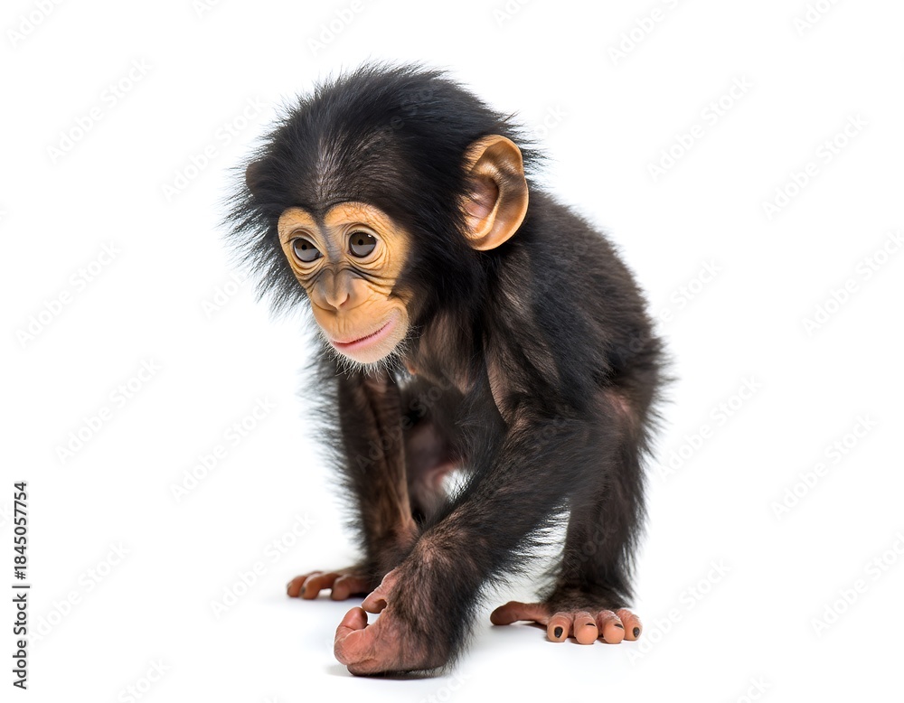 Fototapeta premium Beautiful baby chimp with bright eyes high resolution photo in a white background