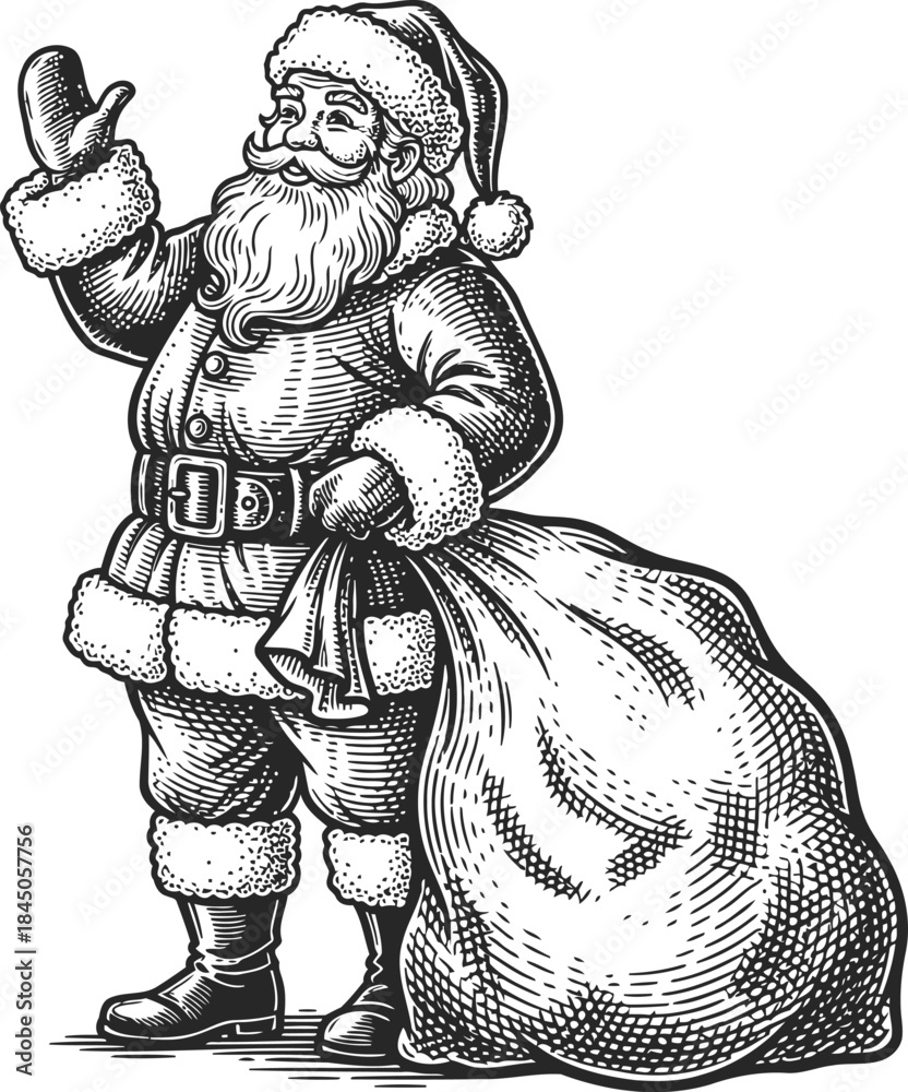 Obraz premium Santa Claus with Gift Sack Engraving Illustration – Vintage Christmas Character Line Art