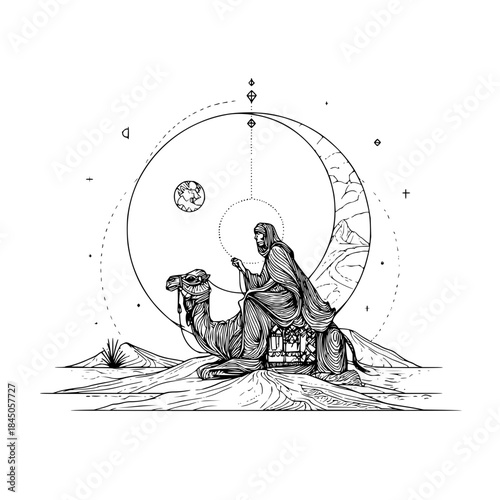 Illustration of a robed figure riding a camel across a desert landscape under a celestial arrangement