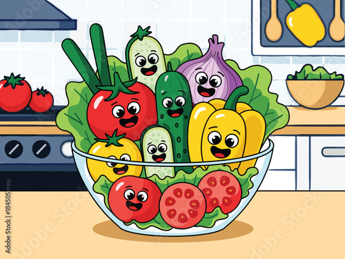 Happy cartoon vegetables in a glass bowl on a kitchen counter