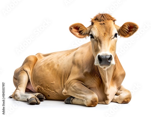 Beautiful jersey cow showing serene posture high resolution photo in a white background