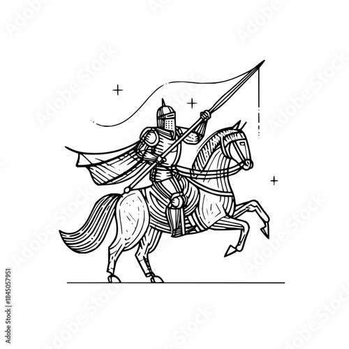 A knight in armor riding a horse with a spear and a cape in a black and white drawing style image