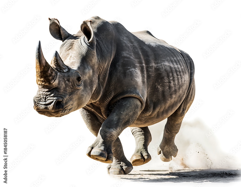 Obraz premium Charging rhinoceros showcasing raw animal power high resolution photo in a white background