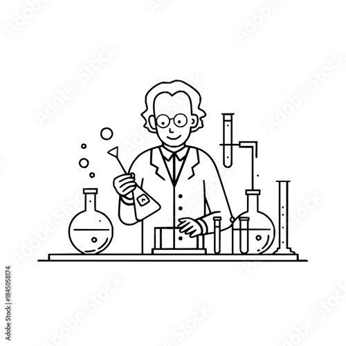 Scientist in lab coat with beakers and test tubes conducting experiment in a laboratory setting shown in line art