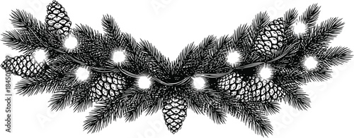 Pine Branch Garland Engraving Illustration – Evergreen Christmas Decoration Vintage Line Art