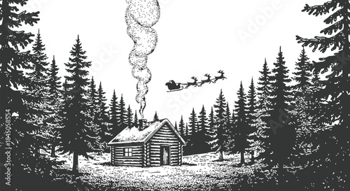 Winter Cabin Night Engraving Illustration – Santa Flying Over Forest House Vintage Line Art