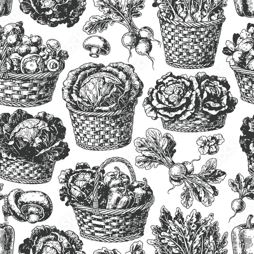 Vegetable Basket Pattern Engraving Illustration – Fresh Produce Market Vintage Line Art
