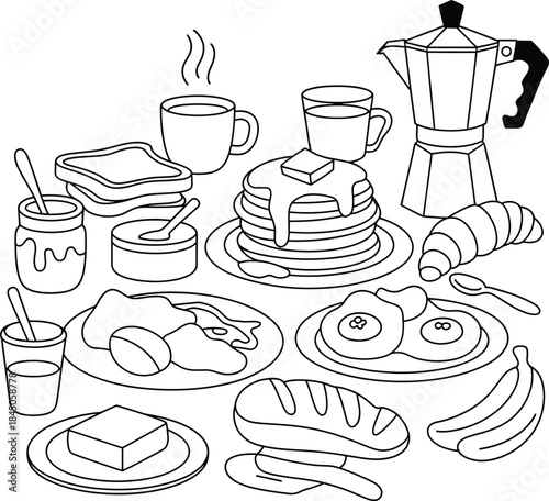 Black and white line art breakfast spread with coffee and pastries