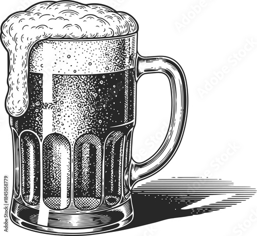 Beer Mug Engraving Illustration – Foamy Glass Alcohol Beverage Vintage Line Art
