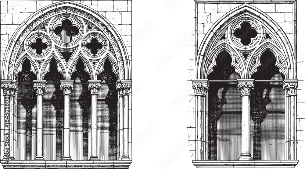 Obraz premium Venetian Gothic Traceried Window Medieval Architectural Facade Stone Frame Vintage Engraving Style Vector Illustration Set
