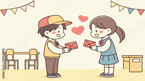 Cute School Kids Exchanging Love Letters – Pastel Valentine Classroom Illustration