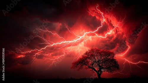Dramatic Lightning Strikes Against a Fiery Red Sky at Dusk