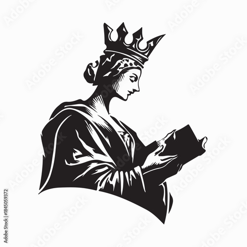 Smart Queen Woman Reading Book Silhouette Vector Isolated on White background