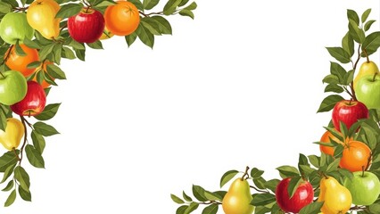 Vibrant Fruit and Leaf Border Design on White Background.