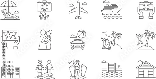 Collection of simple line art icons representing travel and leisure activities
