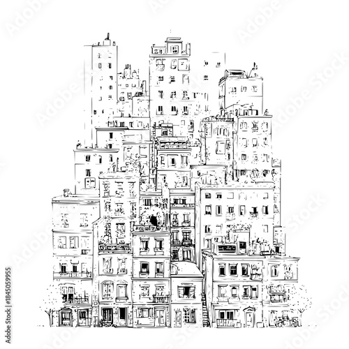 Detailed sketch of a dense urban landscape with buildings and architectural details in black and white style
