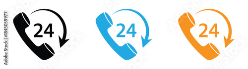 Costumer support line icon. 24h support line icon, call centre, customer support, vector illustration. 24 hour customer support icons in black, blue, and orange. 