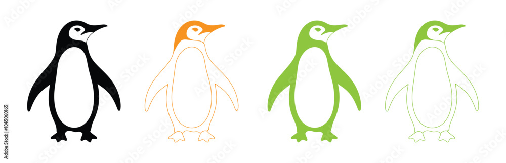 Obraz premium cute penguin bird antarctic animal icon. Four variations of a penguin graphic. penguin logo. Penguin icon Line graphics illustration symbol. penguin logo vector icon illustration design. 