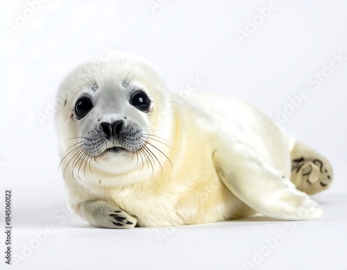 Adorable baby seal looking sweetly forward high resolution photo in a white background