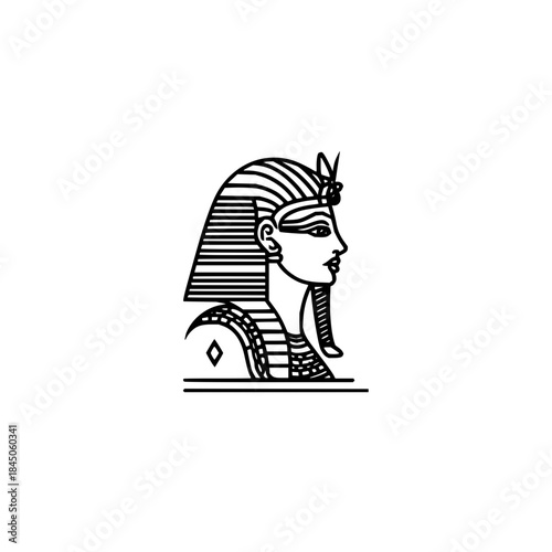 Illustration of an egyptian pharaoh with striped headdress in black and white outline style design