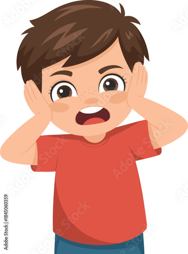 Cartoon boy with hands on cheeks looking surprised