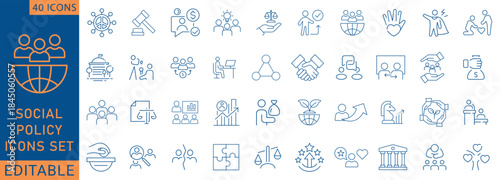 Editable line icons set about social policy, public welfare, government support, community services, equality, healthcare, justice and social protection. Perfect for web, app, infographic.