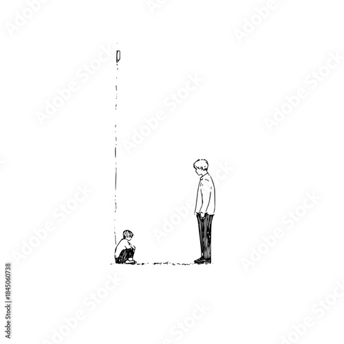 A sketch of two figures one standing and one sitting with a tall object to the left on a white background