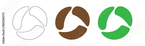 Three variations of a circular recyclinglike symbol outline, brown fill, and bright green fill.