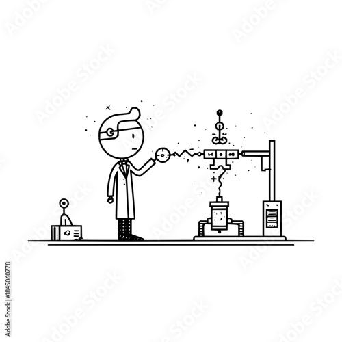 Scientist in lab coat conducting electricity experiment with machinery and small robot on a table nearby