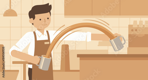 店員拉奶茶 HK Milk Tea Pouring
A flat vector illustration of a cha chaan teng staff member “pulling” milk tea between two metal cups. Smooth motion lines, warm beige milk tea tones, simple character style,