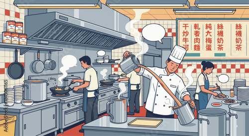 餐廳開放式廚房 (Open Kitchen View)
A flat vector scene of a Cha Chaan Teng kitchen with stainless steel pots, milk tea pulling jugs, and steam.