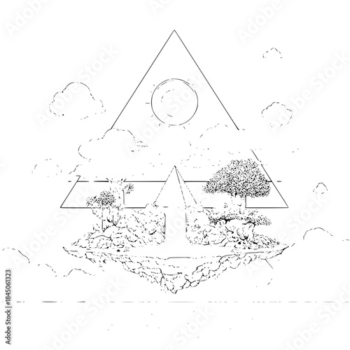 Floating island with trees and a waterfall inside a triangle with a sun and clouds in the background
