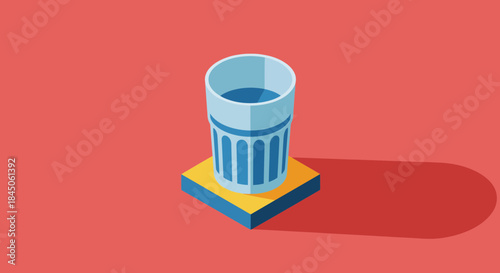 Refreshing water in a stylish glass for health and wellness promotion, simple isometric design with a modern touch, perfect for hydration campaigns
