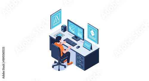 Professional designer working on a modern computer setup, creating cutting-edge designs for the future in a sleek, isometric workspace