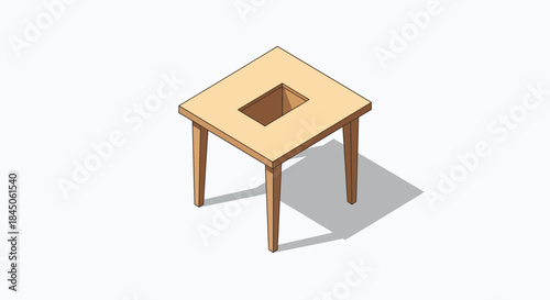 Unique isometric table design with geometric hole cut out in light wood finish for furniture concepts and architectural visualization projects