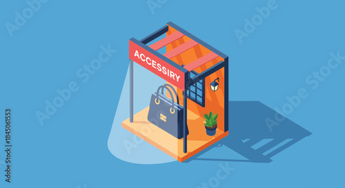 Shop isometric illustration for fashion accessories, purse on display, modern blue retail space, boutique storefront, shopping experience, trendy style