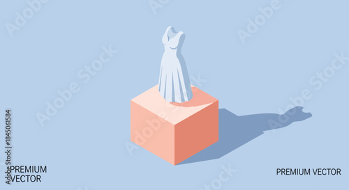 Elegant minimalist wedding dress on display podium for bridal boutique promotions and fashion design projects, highlighting sophistication and modern style