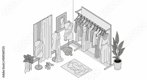 Explore an inviting fashion boutique with elegant dresses on display, mannequins showcasing style, and lush plants adding a touch of nature to the scene