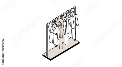 Stylish clothes rack with elegant dresses and coats for boutique fashion, perfect for retail design mockups and creative closet concepts