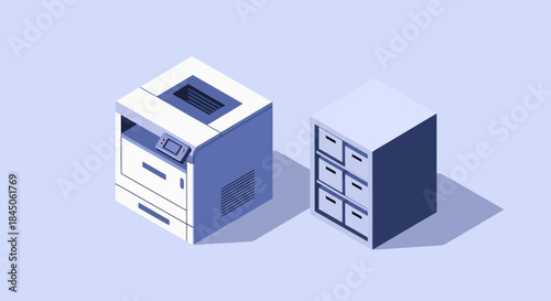 Streamlined office essentials a modern isometric printer with filing cabinet, perfect for business, technology, or organizational concepts, clean and minimal