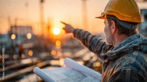 Wallpaper Mural Construction Worker Reviewing Blueprints at Sunset on Job Site Torontodigital.ca