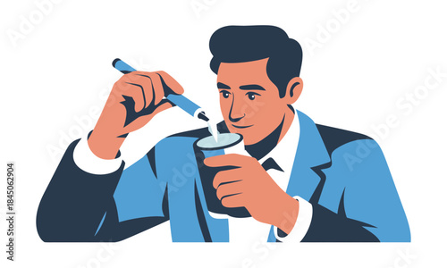 Confident man in blue suit meticulously pouring liquid into glass for a precise chemical experiment, perfect for science or healthcare concepts