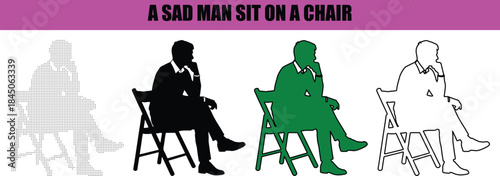 Modern sad man sitting silhouette with line art and decorative dotted design, minimal vector illustration isolated on white background for presentations, infographics, and digital projects