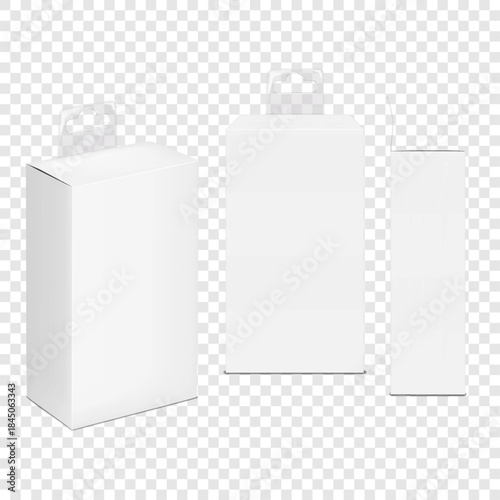 White blank paperboard box with tuck-in flap, euro hole clear plastic tab. Front, side view. 3d mock-up. Paper container packaging. Realistic vector mockup. Hanging carton package. Template for design