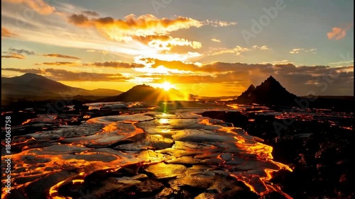 Dramatic Sunset Over Volcanic Landscape with Flowing Lava and Silhouetted Mountains.