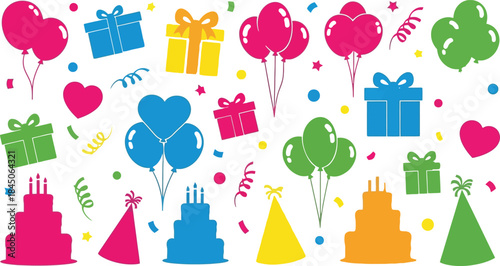 Vibrant birthday party celebration with colorful icons and confetti